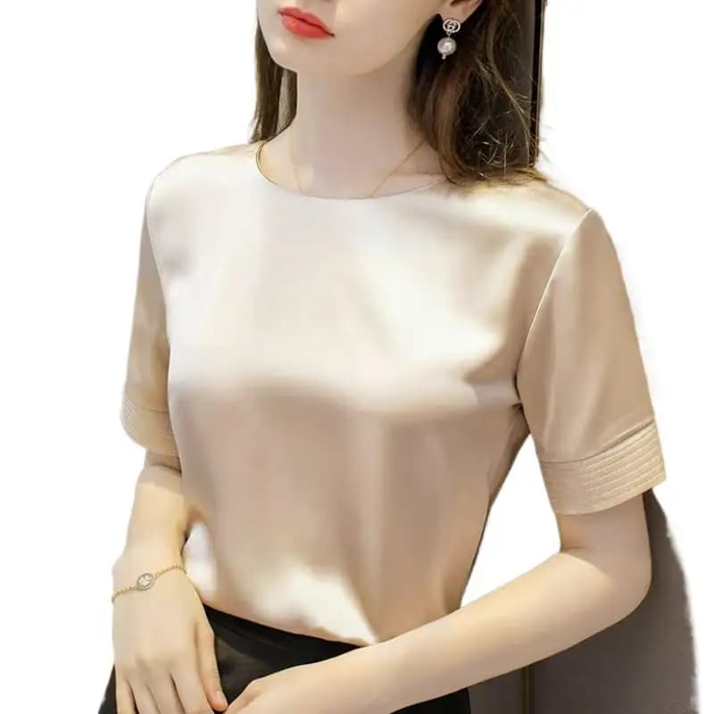 Acetate Satin Tees for Women High Quality Ladies Casual Elegant Silk Satin Blouse Summer Korean Tops 2026 Roupas Feminina