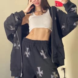 American Hip-hop Retro Pantsuits Winter Tracksuit Rhinestone Cross Jacket Black White Cardigan Trouser Suit Women Pants Set Y2k