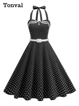 Tonval Halter Neck Polka Dot 1950s Fit and Flare Dresses Women Holiday Vintage Party Prom Shirred Back Belted Backless Dress