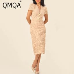 QMQA Fashion Women's Elegant Dress Three-dimensional Flower High Waist Short Sleeve Slimming Dresses 2025 Female New QM359