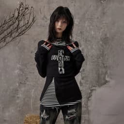 Karrcat Grunge Aesthetics Fake Two-piece Tops Trashy Y2k Long Sleeve Knitted Tops Wasteland Punk Patchwork Tops Gothic Vintage