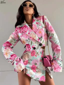 Oymimi Fashion Pink Print 2 Pieces Set For Woman Elegant Long Sleeve Button Crop Shirts And High Waist Side Slit Mini Skirts Set