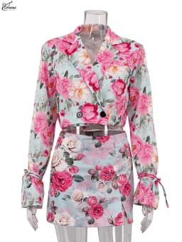 Oymimi Fashion Pink Print 2 Pieces Set For Woman Elegant Long Sleeve Button Crop Shirts And High Waist Side Slit Mini Skirts Set