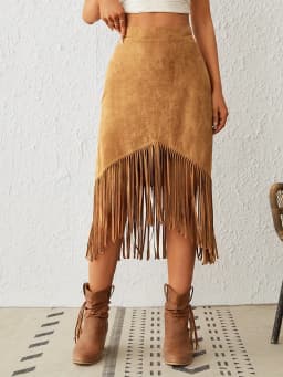 A New Cross-border Women's Clothing Style Western-style Faux Suede Velvet Tassel High-waisted A-line Skirt