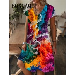 Fashion Musical Note Patterns Women Dress 2025 New Summer Loose Mini Dress Guitar Instruments 3D Print Short Sleeve V-neck Dress