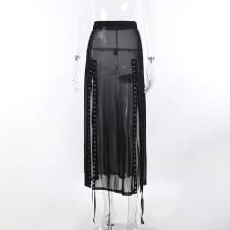 Goth Mesh Perspective Side Slit Skirt Lace Up Dark Punk Gothic Faldas Feminino Thin Summer Aesthetical