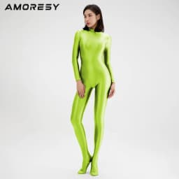 AMORESY Sexy Shiny Long Sleeve Full Length Oil Tights Smooth Running Overalls Yoga Zentai Casual Sport Suits Jumpsuits Catsuits