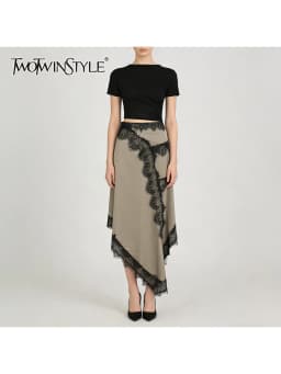 TWOTWINSTYLE Hit Color Slimming Spliced Lace Irregular Dresses for Women O Neck Short Sleeves High Waist Hollow Out Dress Female