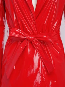 Women PU Leather Long Trench Coat Blazer Glossy Lapel Open Front Long Sleeve Jacket Overcoat with Belt Party Clubwear Streetwear