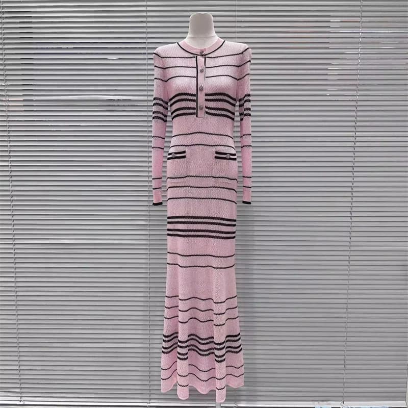 2026 Spring New Women's SweetLong-Sleeved Striped Knit Dress High-Quality FashionableCasual Vacation Elastic Slim Fit Long Dress