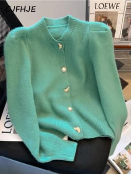 CJFHJE Solid Colors Metal Button Fragrant Style Long Sleeve Sweater Korean Round Neck Bubble Sleeve Cardigan Sweater Coat Winter