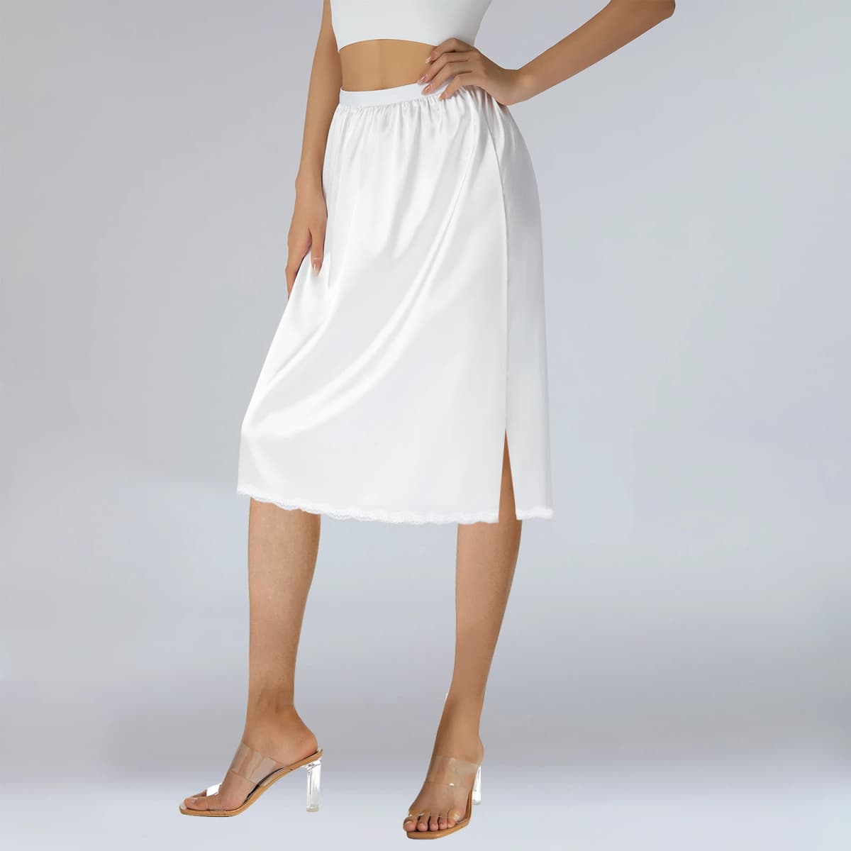 Satin Underskirt Women's Solid Color Elastic Waist Lace Trim Skirt for Under Dresses Anti-Penetrating Lining Petticoat