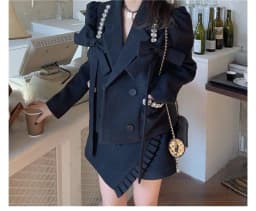 Spring Lady Suits Bowtie Diamonds Blazers Coat OL Double Breasted Rhinestone Beaded Jacket + High Waist Irregular Skirt 2pcs Set
