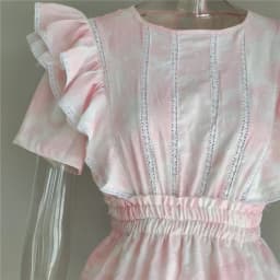 2022 Summer Short Sleeve Vocation Women White Mini Dress Holiday Lace Ruffled Dress Pink