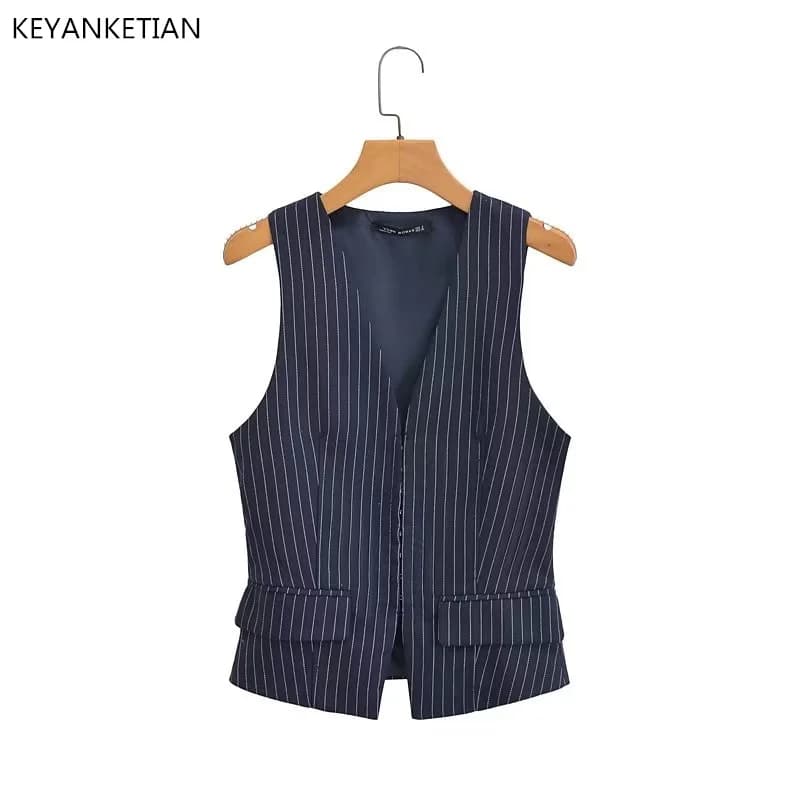 KEYANKETIAN Summer New Hidden Buckle Navy Blue Striped Vest British Style Women's V-Neck Slim Short Cardigan Sleeveless Top