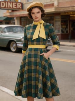 Tonval Bow Neck Green Plaid 50s Vintage 3/4 Length Sleeve Midi Dresses for Women Autumn Winter Pocket Side Retro Dress