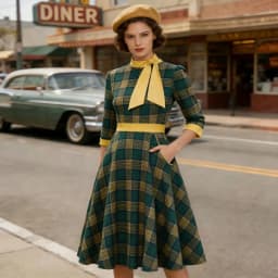 Tonval Bow Neck Green Plaid 50s Vintage 3/4 Length Sleeve Midi Dresses for Women Autumn Winter Pocket Side Retro Dress