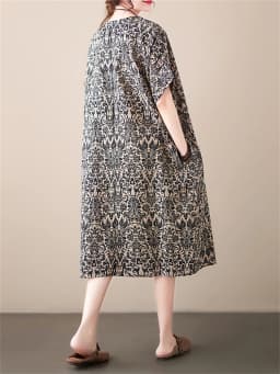 Cotton Linen Vintage Print Spring Summer Dresses For Women 2026 Short Sleeve Casual Loose Midi Dress Robe Femme Elegant Clothing