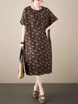 Cotton Linen Vintage Print Spring Summer Dresses For Women 2026 Short Sleeve Casual Loose Midi Dress Robe Femme Elegant Clothing