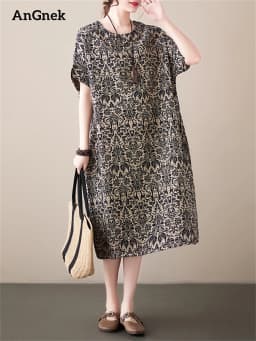 Cotton Linen Vintage Print Spring Summer Dresses For Women 2026 Short Sleeve Casual Loose Midi Dress Robe Femme Elegant Clothing