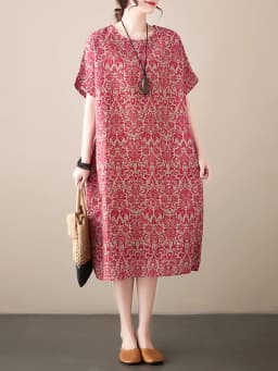 Cotton Linen Vintage Print Spring Summer Dresses For Women 2026 Short Sleeve Casual Loose Midi Dress Robe Femme Elegant Clothing