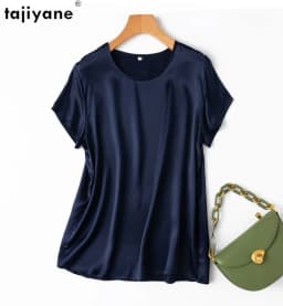 Tajiyane Women 100% Mulberry Silk 19 Momme half sleeve Round Neck Top Shirt Blouse T-shirt More Colors women's tops ropa mujer