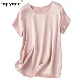 Tajiyane Women 100% Mulberry Silk 19 Momme half sleeve Round Neck Top Shirt Blouse T-shirt More Colors women's tops ropa mujer
