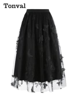 Tonval Elastic Waist Butterfly Embroidered Mesh Overlay Elegant Long Skirts for Women Vintage Midi Length Pleated Skirt