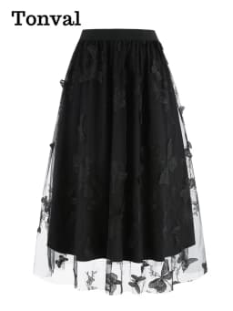 Tonval Elastic Waist Butterfly Embroidered Mesh Overlay Elegant Long Skirts for Women Vintage Midi Length Pleated Skirt
