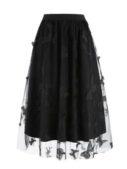 Tonval Elastic Waist Butterfly Embroidered Mesh Overlay Elegant Long Skirts for Women Vintage Midi Length Pleated Skirt