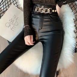 Women PU Leather Pants Chain 2022 New Autumn High Waist Pants Faux Leather Skinny Pencil Pant Tight Trousers Black
