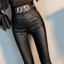 Women PU Leather Pants Chain 2022 New Autumn High Waist Pants Faux Leather Skinny Pencil Pant Tight Trousers Black