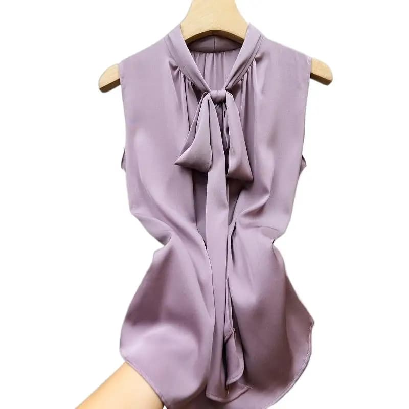 Fashion Ice Silk Top Pink Acetate Satin Shirts Plus Size Blusas Mujer De Verano Lace Up Bow Tie Sexy Elegant Chiffon Blouse