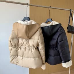 Schinteon Women Lambswool White Duck Down Jacket with Hood Autumn Winter Warm Outwear Casual Patchwork Coat European Style