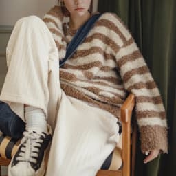 Maden Oversize Striped Sweater for Women Autumn and Winter Loop Fleece Pullover Knitwear Warm Top Loose-fit Thick Sweater