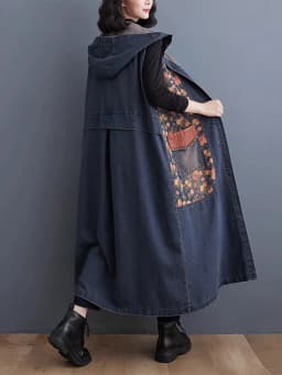 Amax luluE Autumn Long Sleeveless Clothes Womens Fashion Loose Hooded Denim Vest Ladies Casual Printed Coats Vintage Waistcoats