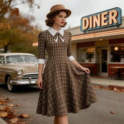 Tonval Brown Plaid Rockabilly Vintage Midi Dresses Turn-Down Collar Bow 3/4 Length Sleeve Autumn Winter Women Elegant Dress