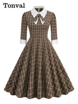 Tonval Brown Plaid Rockabilly Vintage Midi Dresses Turn-Down Collar Bow 3/4 Length Sleeve Autumn Winter Women Elegant Dress