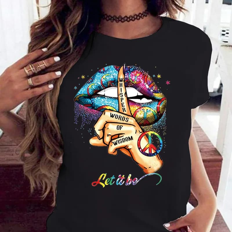 COTTON 100% Loose Crew-neck Creative Mouth Short-sleeved T-shirt Woman Oversized T Shirt Tops Aesthetic Clothes