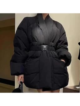 TWOTWINSTYLE Solid Spliced Belt Loose Jackets for Women V Neck Long Sleeve Temperament Parkas Female Fashion Style