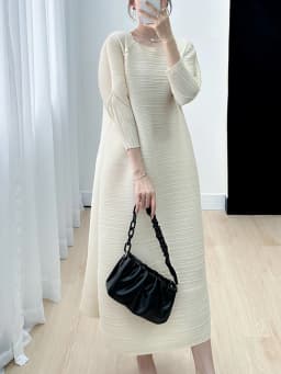 Miyake Pleated Full Sleeve Dress Women's 2025 Summer Korean Fashion Simple Round Neck Long Plus Size Medium Long Dress
