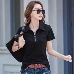 New 2024 Summer Women T Shirt Cotton Elegant Style Zipper Neck Fashion Office Lady Top Short Sleeve Polo For Women
