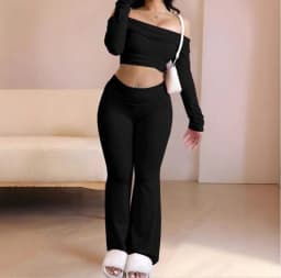 Casual Workout Two Piece Sets Woman Outfits Crop Long Sleeves Tops Foldover Flare Pants Tracksuit Suit Summer and Fall 2025 New