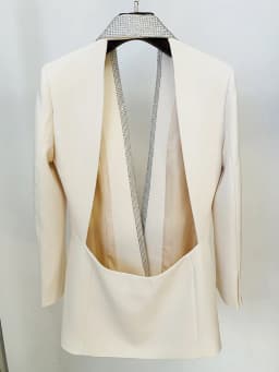 Newest 2026 Designer Long Blazer Women's Stylish Backless Diamonds Beaded Shawl Collar Long Blazer