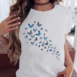 Woman Butterfly Tree Print Harajuku Summer Tshirts Casual Round Neck Short Slee Top Tee Shirt Women Black T-shirt Drop Ship