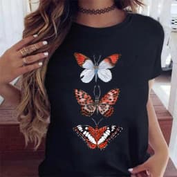 Woman Butterfly Tree Print Harajuku Summer Tshirts Casual Round Neck Short Slee Top Tee Shirt Women Black T-shirt Drop Ship