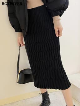 BGTEEVER Elegant High Waist Wrapped Knitted Skirts Women Pencil Skirt Women Slim Fit Zipper Mid-Calf Skirt Office Lady