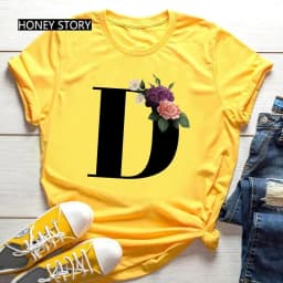 Large Size Yellow T-shirt for Men And Women with Black Fashion Trend Print of Flowers 26 English Letters Casual Short Sleeve Top