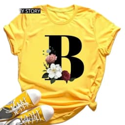 Large Size Yellow T-shirt for Men And Women with Black Fashion Trend Print of Flowers 26 English Letters Casual Short Sleeve Top