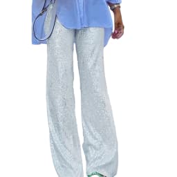 Newest Women's Sequin Casual Pants Wide Leg Pants Shiny Loose Casual Stretch High Waisted Pants for Work Office Streetwear